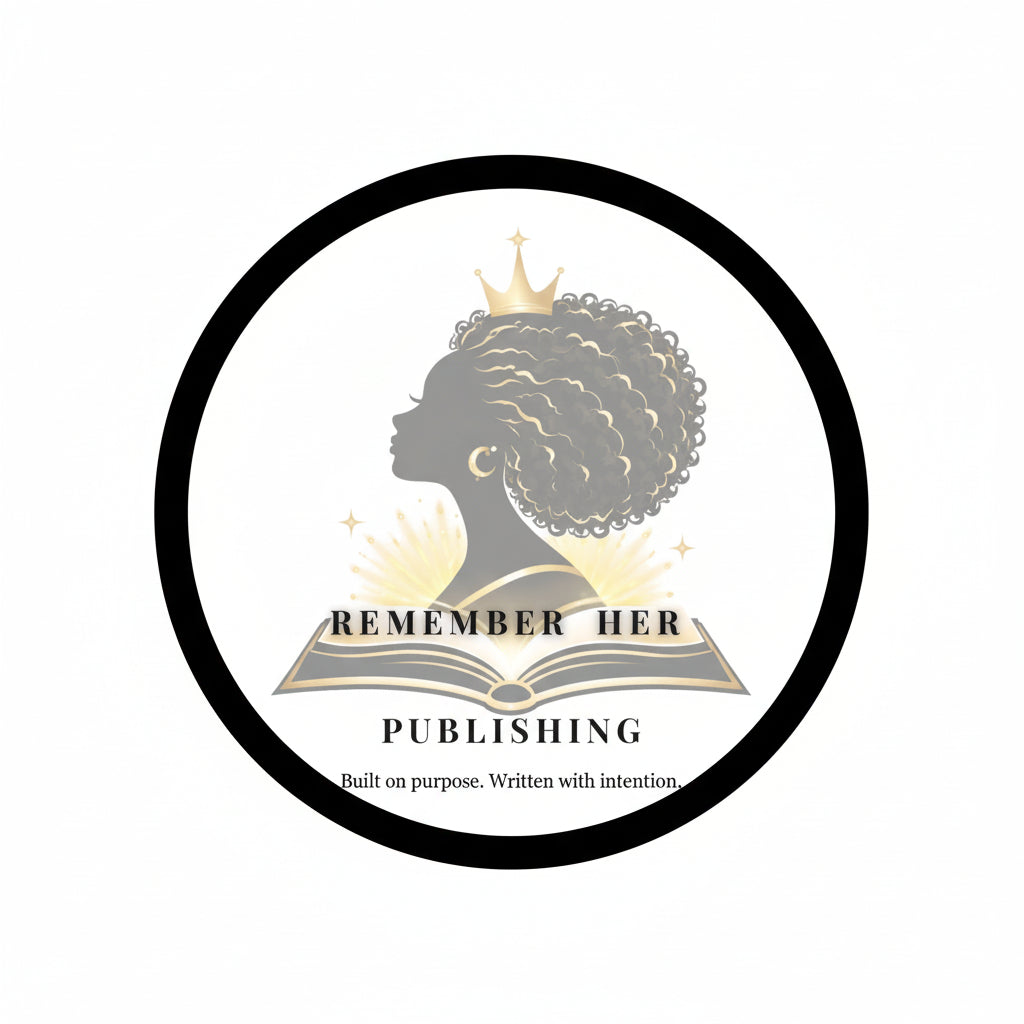 Logo for 'Remember Her Publishing' with a silhouette of a woman with a crown and an open book.