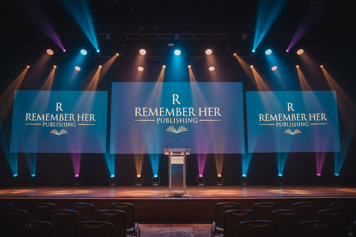 Stage with 'Remember Her Publishing' branding under colorful stage lights